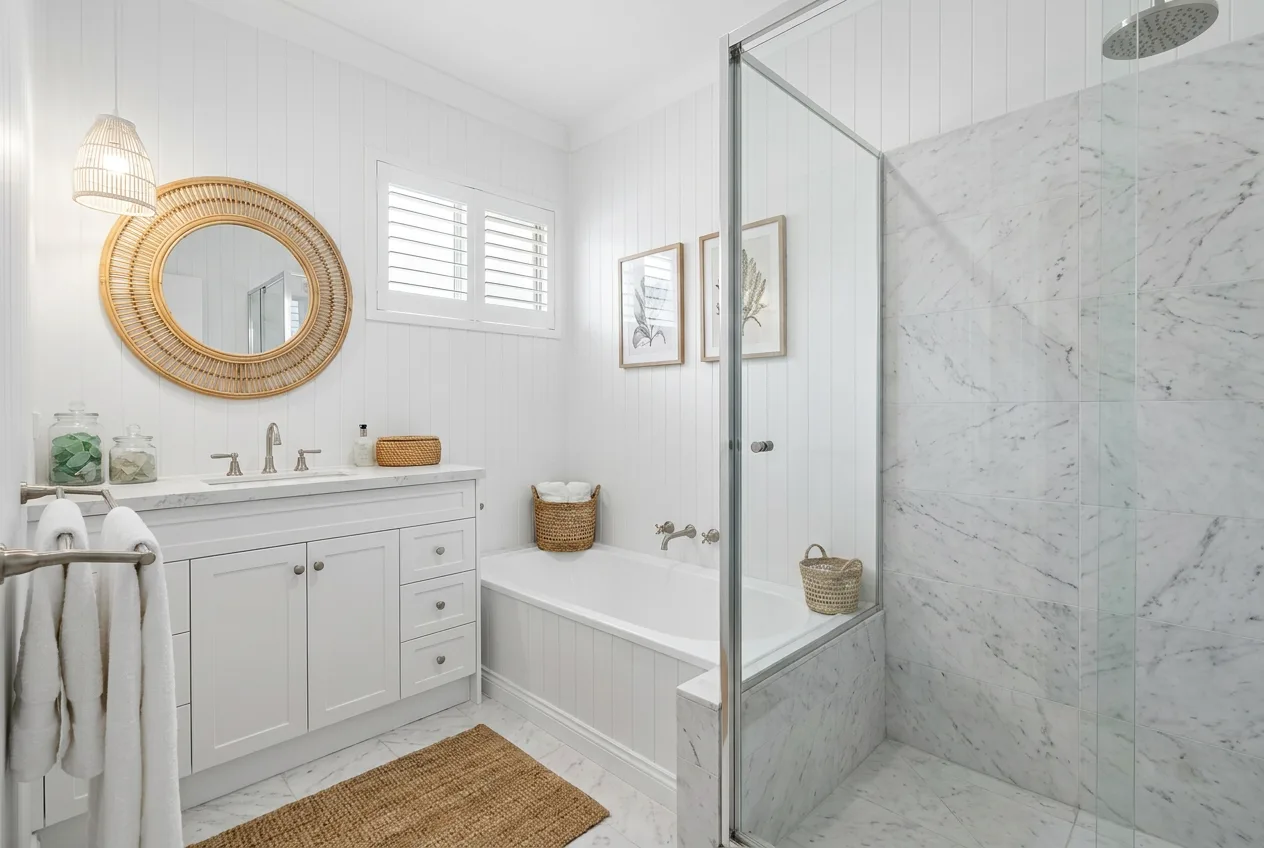 Dated bathroom with patterned wall tiles, a white vanity and a corner bath, redesigned in Hamptons