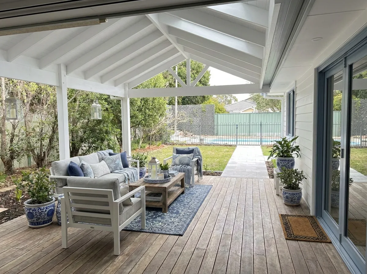 Covered outdoor area with a tiled floor, a cane lounge and a pool beyond, redesigned in Hamptons