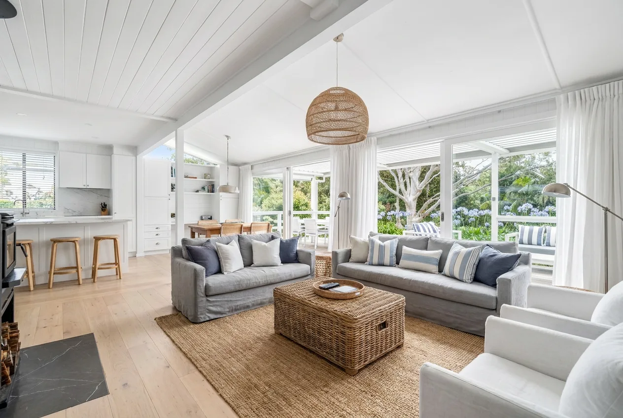 Open plan living room with grey sofas, an orange rug and timber floors, redesigned in Hamptons