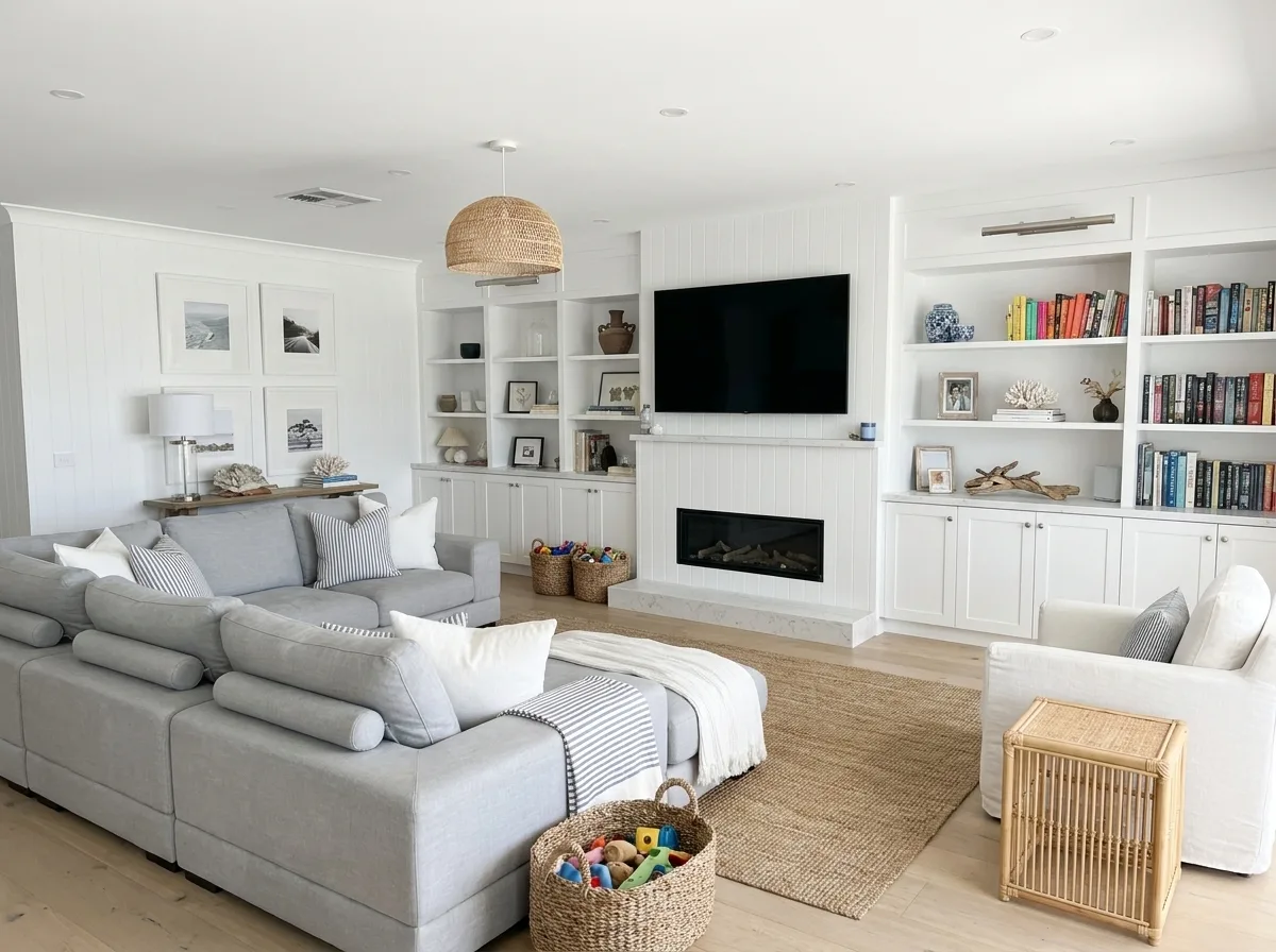 Family living room in the evening with built-in shelving, a wall TV and toys, redesigned in Hamptons