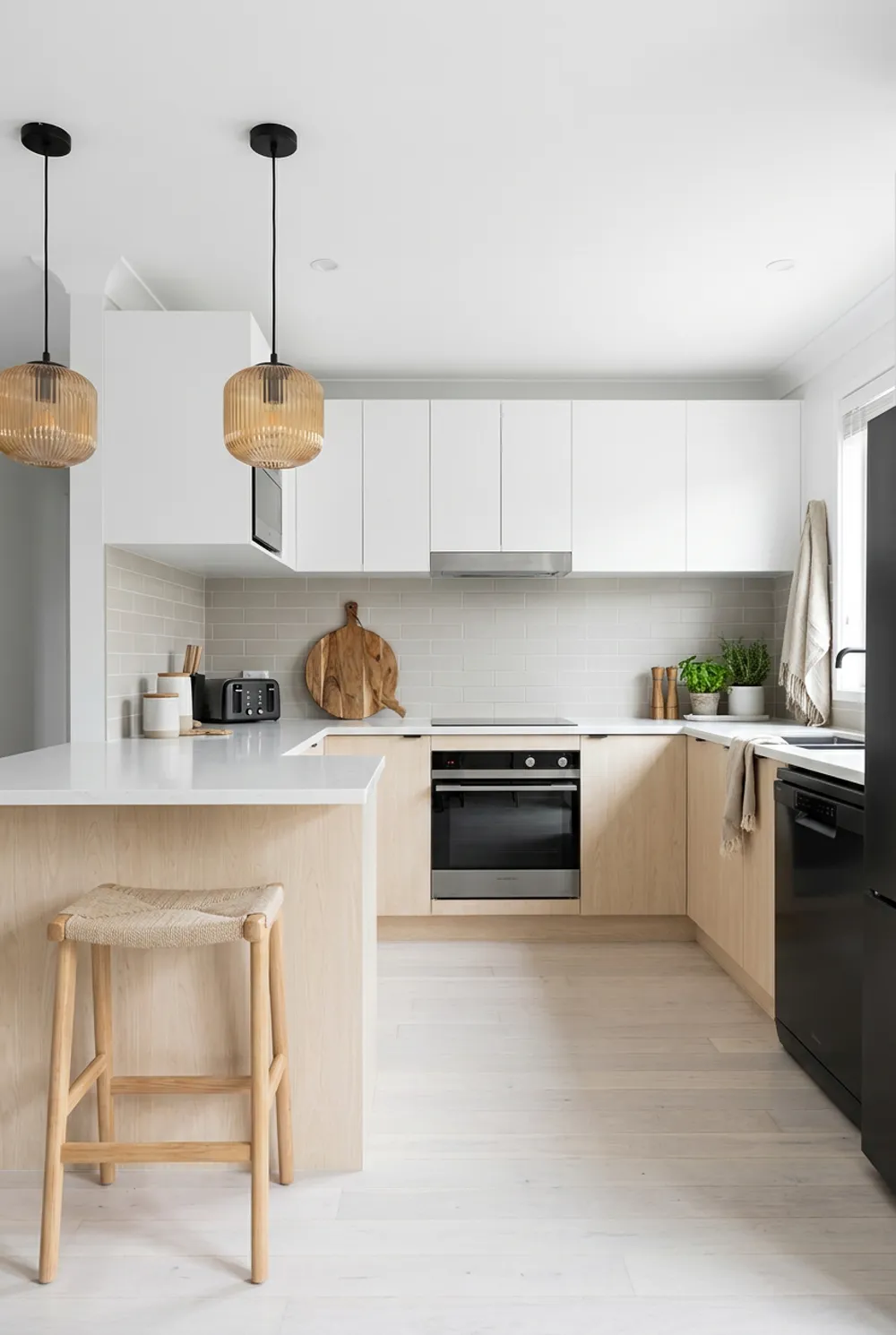 A kitchen redesigned in the Scandi style with pale timber and white cabinetry